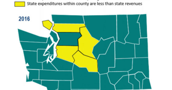 Image courtesy Office of Financial Management The above map shows which counties have expenditures greater than revenues and which have revenues greater than expenditures. The maps should be viewed in combination with the tables as some counties have expenditure-to-revenue ratios very close to 1. See more: https://ofm.wa.gov/sites/default/files/public/dataresearch/fiscal/county_expenditures_revenues.pdf.