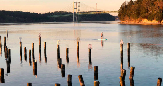 This photo captures a hint of the history, beauty, art and activities available in this local park. Be sure to notice “Tacoma” cleverly spelled out on the historic pilings that were part of the landing for the 6th Avenue Ferry that ran before the Narrows Bridge was built/rebuilt. (Photo by Morf Morford)