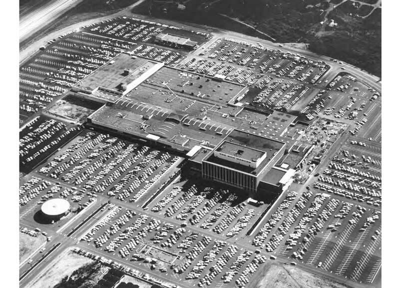 The Tacoma Mall opened in October 1965. This photo was taken in 1966 and shows the Bon Marche (center, right) and the more than 7,000 parking places. Image courtesy of Tacoma Public Library - image # C148862-4