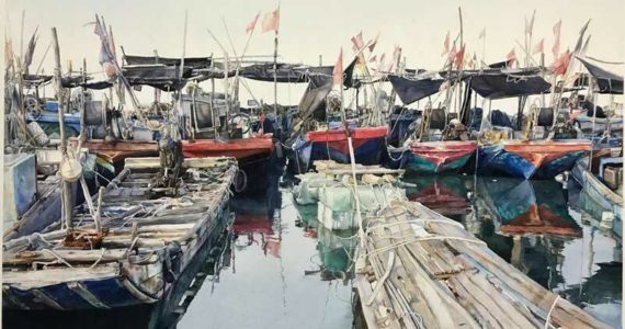 Lance Hunter’s “Without Reason” was awarded 1st place of $2,000 cash. Second place of $1,300 cash went to Tiantian Ji from China for his painting, “Fishing Port,” (pictured above). Image courtesy Northwest Watercolor Society