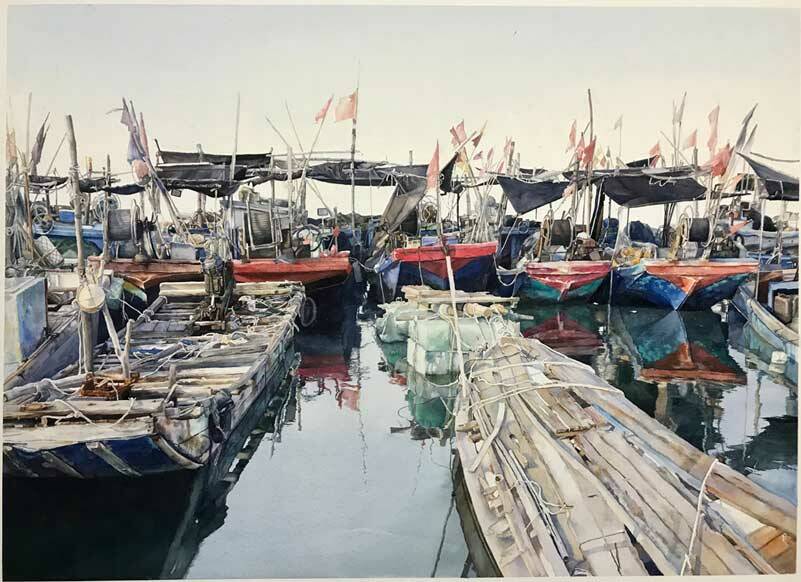 Lance Hunter’s “Without Reason” was awarded 1st place of $2,000 cash. Second place of $1,300 cash went to Tiantian Ji from China for his painting, “Fishing Port,” (pictured above). Image courtesy Northwest Watercolor Society
