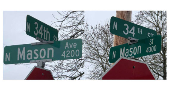 I was not alone in my confusion. The very same intersection, on opposing corners, holds different designations. (Photo by Morf Morford)