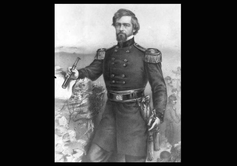 Portrait of Brigadier General Isaac Ingalls Stevens, first governor of Washington Territory. Stevens served as governor from 1853-1857. A Democrat, he was appointed by President Franklin Pierce. In addition, he served as Superintendent of Indian Affairs. He was killed in action in 1862 during the Second Battle of Bull Run. Graphic and text courtesy of Tacoma Public Library’s Northwest Room.
