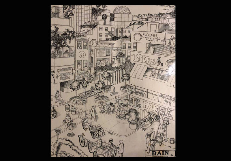 This detail from a 1976 poster from the RAIN journal portrays their vision of an urban village. Photo by Morf Morford