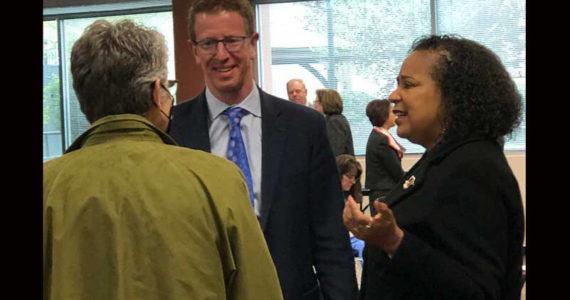 Speaker of the House Laurie Jinkins, Congressman Derek Kilmer, and Tacoma Mayor Victoria Woodards at Bates Tech on April 20, 2022. (Photo by Morf Morford)