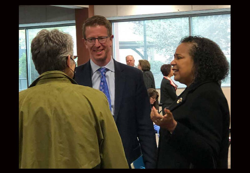 Speaker of the House Laurie Jinkins, Congressman Derek Kilmer, and Tacoma Mayor Victoria Woodards at Bates Tech on April 20, 2022. (Photo by Morf Morford)