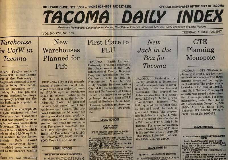 Many libraries, agencies and museums keep file copies of The Index. This front page from 1997 captures many of the changes taking shape in Tacoma 25 years ago. (Photo by Morf Morford)