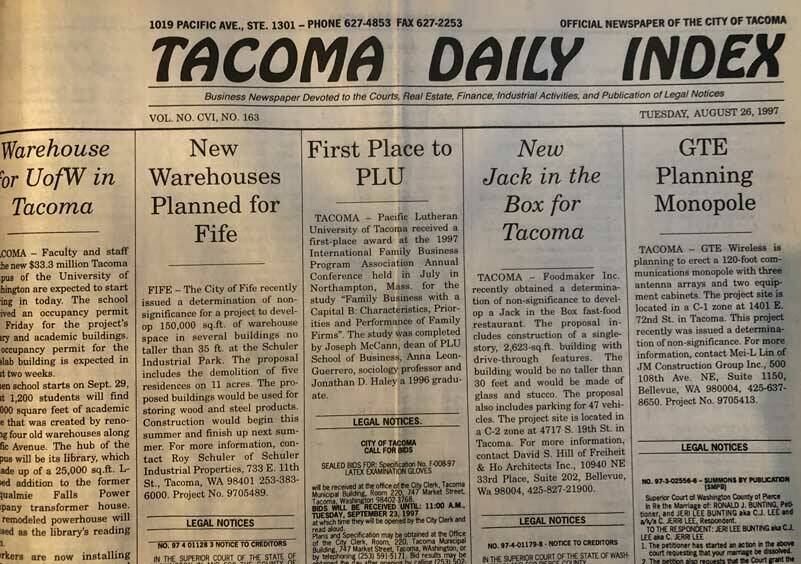 Many libraries, agencies and museums keep file copies of The Index. This front page from 1997 captures many of the changes taking shape in Tacoma 25 years ago. (Photo by Morf Morford)