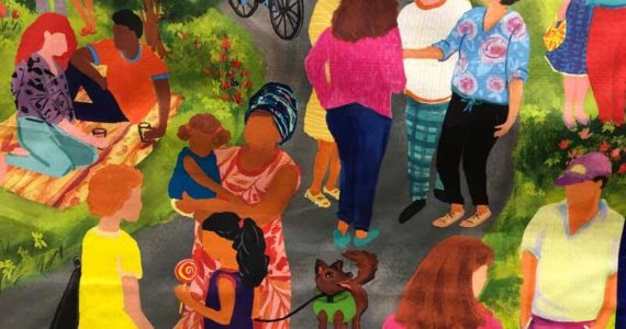 This detail from a neighborhood mural shows neighbors in action. (Photo by Morf Morford)