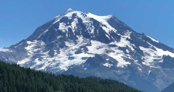 This photo of Mt. Rainier, taken in late August of 2022, shows a record low level of snow. When it comes to a lahar, the less snow the better. (Photo by Morf Morford)
