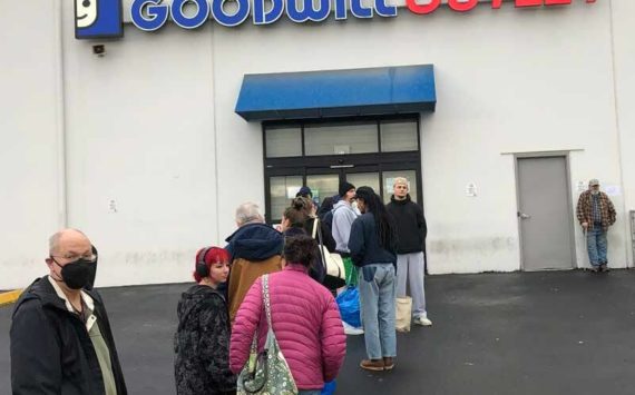 This is the line at opening time (9 am) at Tacoma’s Goodwill Outlet. They are open 7 days a week. (Photo by Morf Morford)