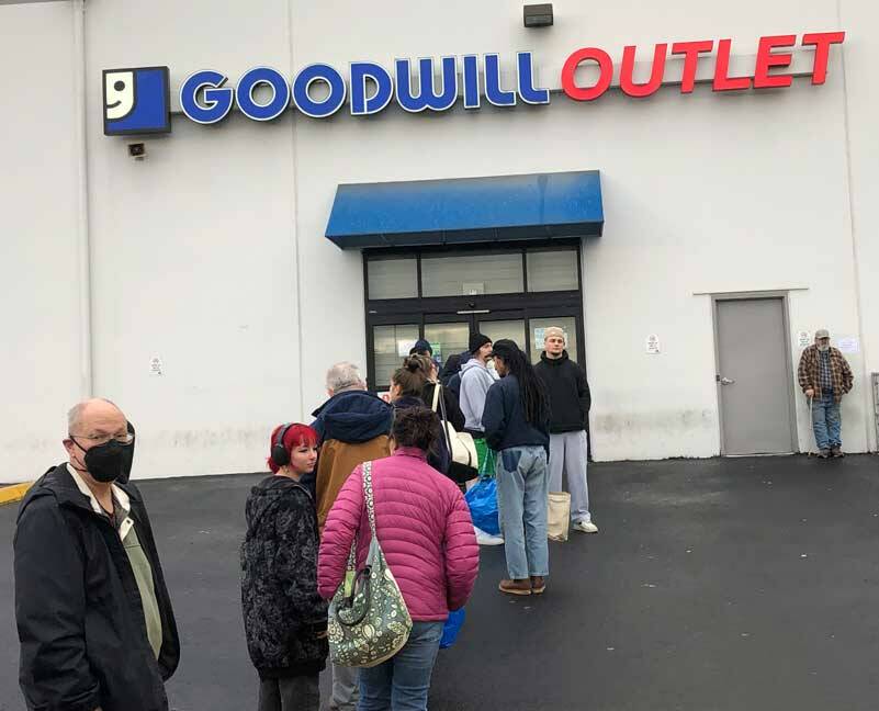 This is the line at opening time (9 am) at Tacoma’s Goodwill Outlet. They are open 7 days a week. (Photo by Morf Morford)