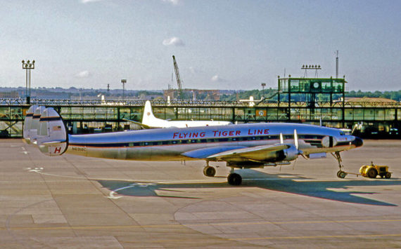 This is a Lockheed L-1049H Super Constellation N6918C of Flying Tiger Line at London Gatwick in 1964; Image Credit: By RuthAS - Own work, CC BY 3.0, https://commons.wikimedia.org/w/index.php?curid=37915164.