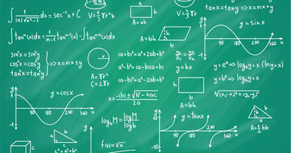 Math Science Formulas Thin Line on a Green Blackboard Background. Vector illustration of Education or Science Concept