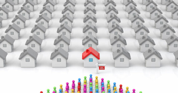 Housing Shortage Supply Demand Crisis Home Inventory 3d Concept Illustration, people in queue to purchase home
