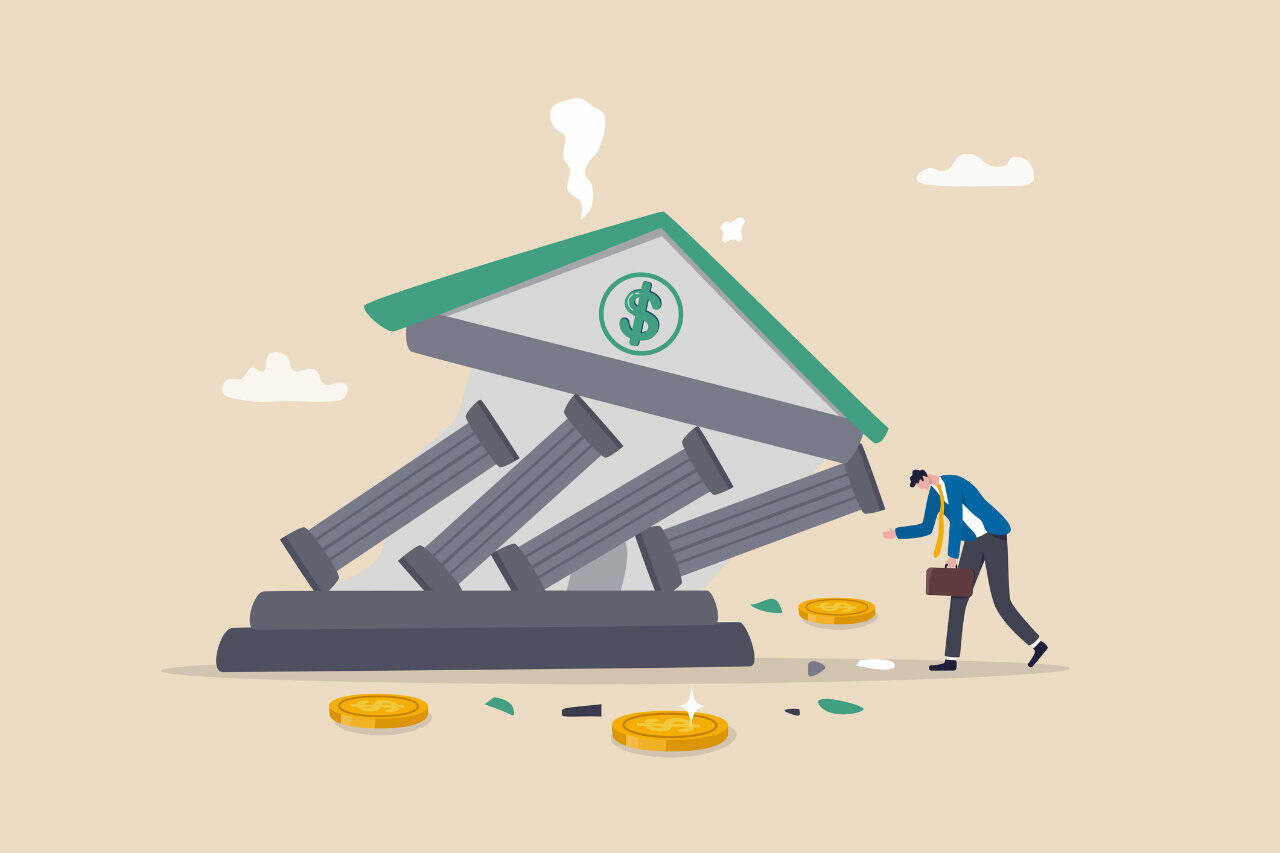 Banking collapse or bank run, financial crisis or bankruptcy problem, stock market crash or credit risk, failure or investment failure concept, frustrated businessman look at collapsing bank building.