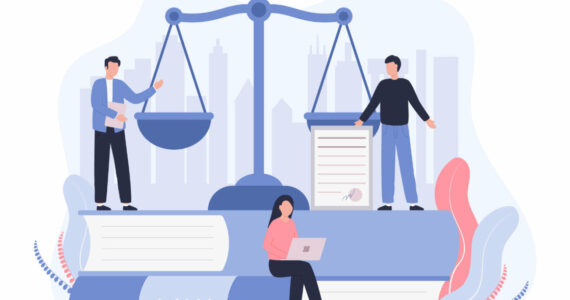 Concept Law, Justice. Legal service, services of a lawyer, notary. Men against the backdrop of the city discuss legal issues, a woman works on a laptop. Vector flat illustration on a white background.