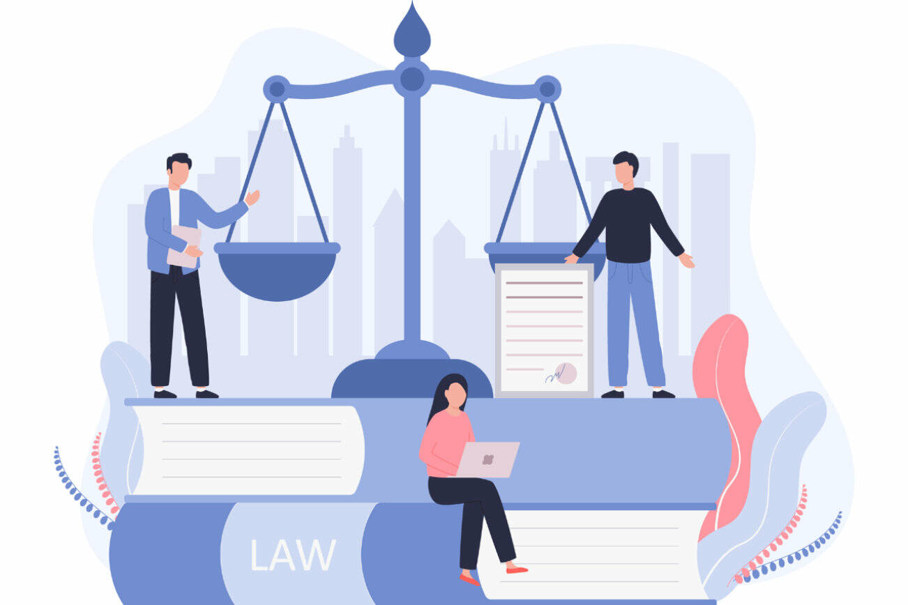 Concept Law, Justice. Legal service, services of a lawyer, notary. Men against the backdrop of the city discuss legal issues, a woman works on a laptop. Vector flat illustration on a white background.