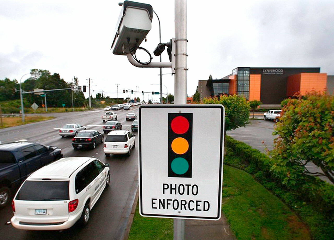 A traffic-enforcement camera in Lynnwood, Snohomish County. (Dan Bates / Everett Daily Herald file)