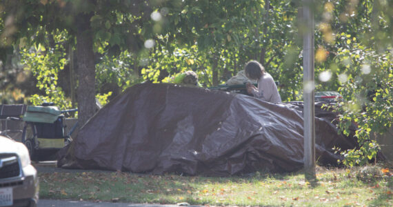 Tents used by unhoused people alongside Dupont Street in Bellingham. (Hailey Hoffman / Cascadia Daily News)