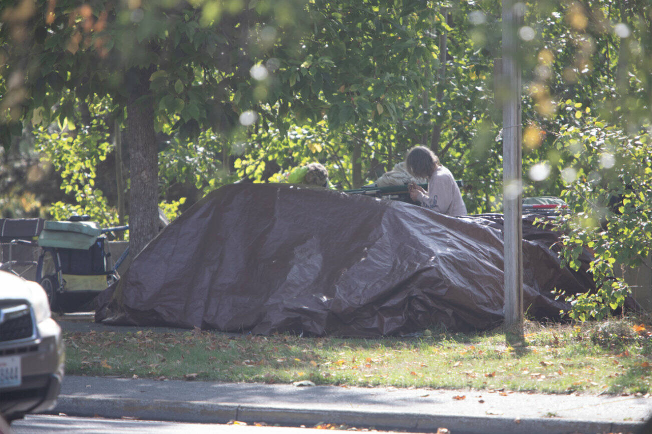 Tents used by unhoused people alongside Dupont Street in Bellingham. (Hailey Hoffman / Cascadia Daily News)