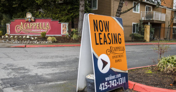 Sound Publishing file photo
A leasing sign in visible outside of A’cappella Apartment Homes last year in Everett, Washington.