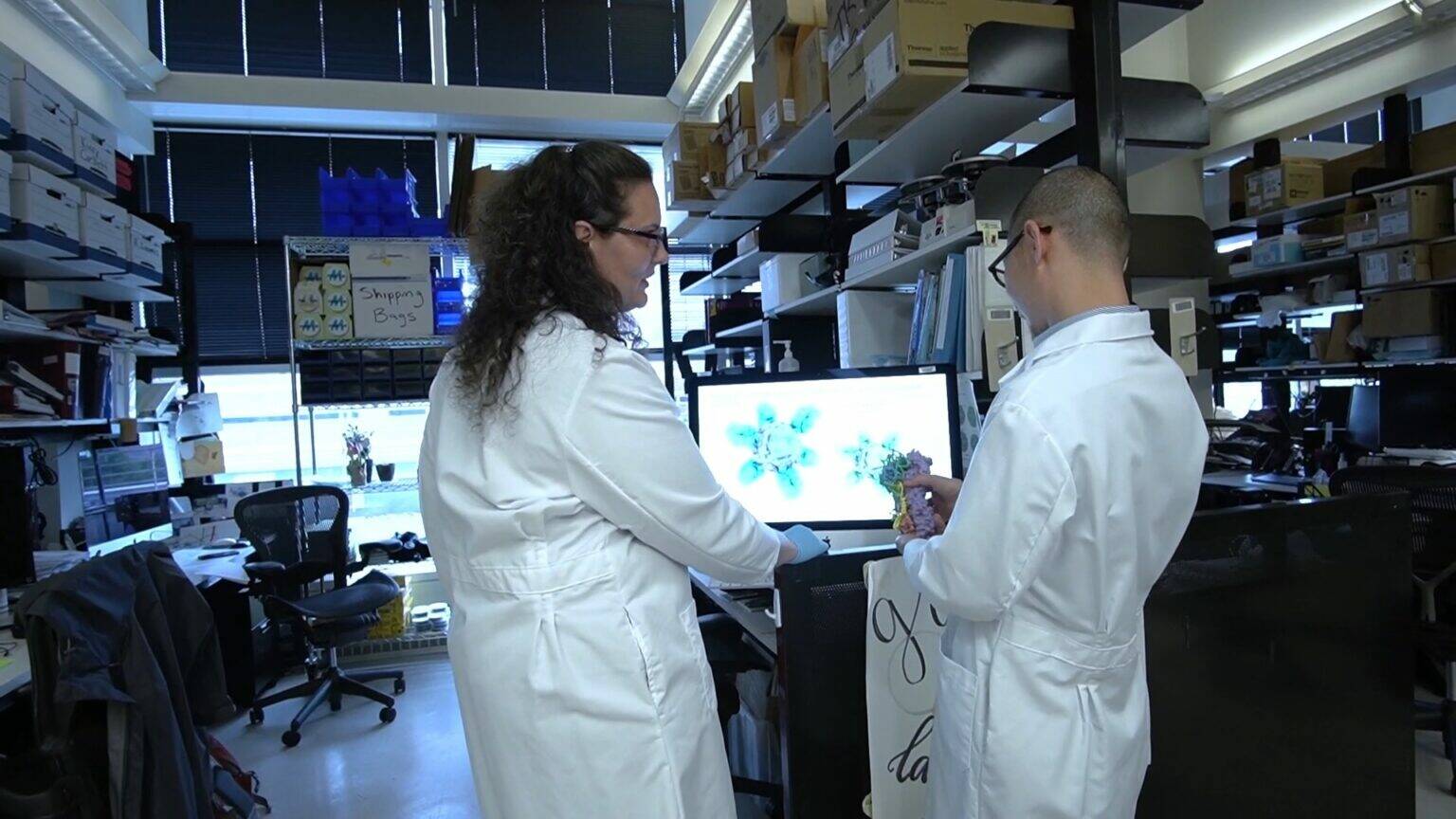 Two National Institutes of Health researchers in the Dale and Betty Bumpers Vaccine Research Center lab looking at a 3D model rendering. (Photo by National Institutes of Health)