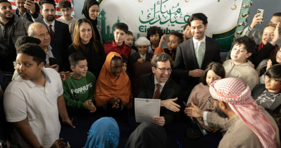Gov. Bob Ferguson signs Senate Bill 5106, a bill to make Eid al-Fitr and Eid al-Adha state-recognized holidays. The bill signing was April 6, 2025, at the Islamic Center in Tacoma. (Photo Courtesy of governor’s office)