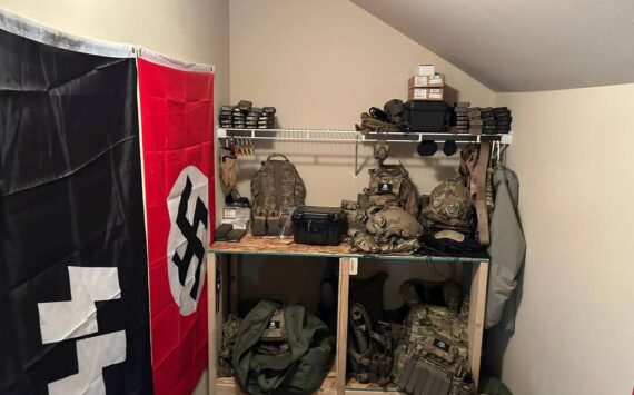 Investigators say they found military equipment and Nazi flags in the home of two Lacey men arrested this week. (Photo courtesy of the Thurston County Sheriff’s Office)