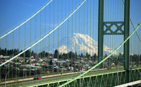 File photo 
Tacoma Narrows Bridge with Mt Rainier in the background.