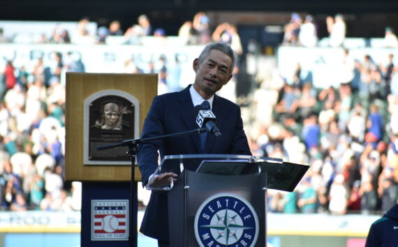 Ichiro takes the podium during his number retirement ceremony. Ben Ray / Sound Publishing