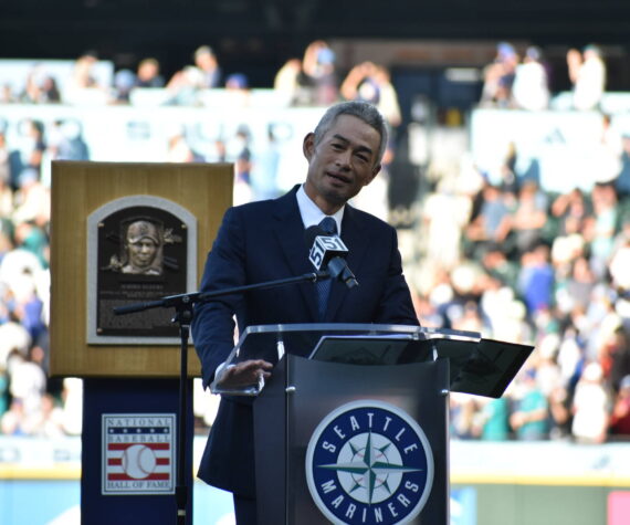 Ichiro takes the podium during his number retirement ceremony. Ben Ray / Sound Publishing