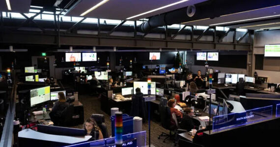 Dispatchers inside South Sound 911’s central Tacoma office are working with counselors on behavioral health calls as part of a new partnership between the Washington Department of Health and providers who oversee the state’s 988 mental health hotlines. (Photo courtesy of South Sound 911)
