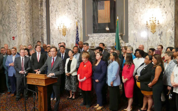 Photo by Bill Lucia/Washington State Standard
Gov. Bob Ferguson makes remarks during a press conference at the state Capitol in Olympia, on Aug. 19, responding to a letter he received the previous week from U.S. Attorney General Pam Bondi, threatening to withhold federal funding if the state does not change its approach cooperating on federal immigration enforcement.