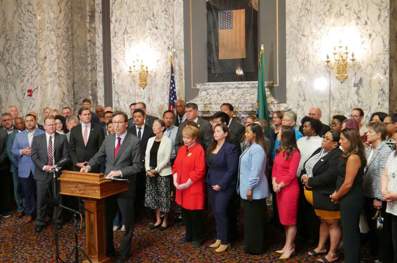 Photo by Bill Lucia/Washington State Standard
Gov. Bob Ferguson makes remarks during a press conference at the state Capitol in Olympia, on Aug. 19, responding to a letter he received the previous week from U.S. Attorney General Pam Bondi, threatening to withhold federal funding if the state does not change its approach cooperating on federal immigration enforcement.