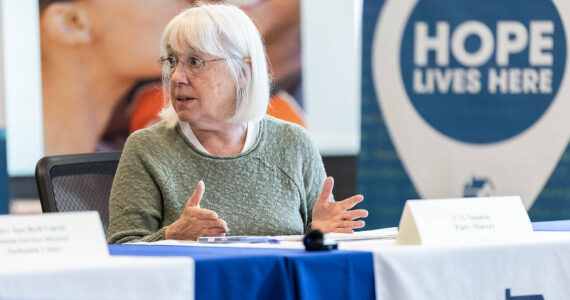 U.S. Sen. Patty Murray speaks at a round table discussion about the Trump administraton restricting homelessness assistance funding in May 2025 in Everett. (Sound Publishing file photo)