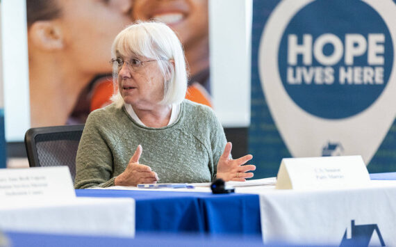 U.S. Sen. Patty Murray speaks at a round table discussion about the Trump administraton restricting homelessness assistance funding in May 2025 in Everett. (Sound Publishing file photo)