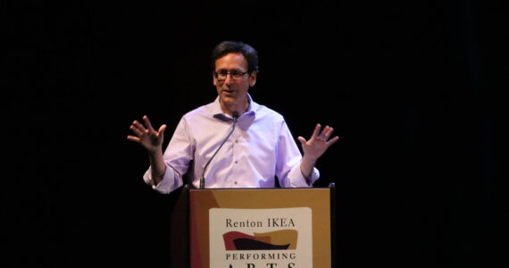 Gov. Bob Ferguson speaks at Renton High School on Sept. 19 ahead of signing an executive order launching the Washington Completes FAFSA Campaign. Photo by Bailey Jo Josie/Sound Publishing