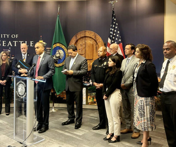 Washington state Attorney General Nick Brown speaks at a press conference alongside Seattle Mayor Bruce Harrell and other local officials on Monday, Sept. 29 at Seattle City Hall. (Photo by Jake Goldstein-Street/Washington State Standard)