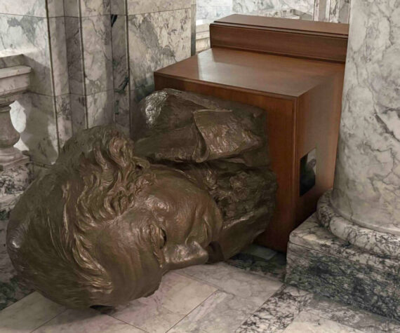 A bust of George Washington lies tipped over on the third floor of the Washington state Capitol building in Olympia, after a vandal broke in and caused damage on Sunday night. (Photo courtesy of Department of Enterprise Services)