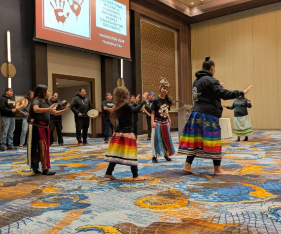 The Muckleshoot Canoe Family begin the coordinator gathering with a cultural opening ceremony. Photo by Bailey Jo Josie/Sound Publishing