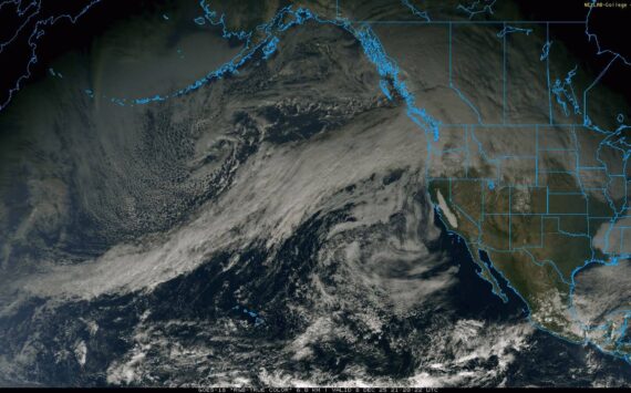 On Dec. 8, 2025, the atmospheric river stretched thousands of miles from Guam to Washington before bringing moist subtropical air to the region for nearly a week. Photo from the National Oceanic and Atmospheric Administrations GOES-18 Satellite