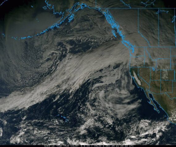 On Dec. 8, 2025, the atmospheric river stretched thousands of miles from Guam to Washington before bringing moist subtropical air to the region for nearly a week. Photo from the National Oceanic and Atmospheric Administrations GOES-18 Satellite