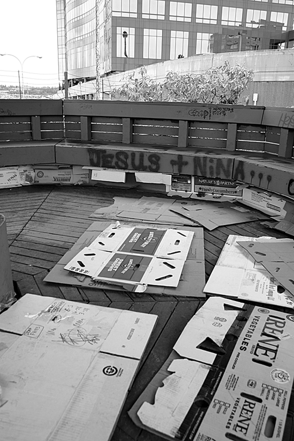 In the gazebo at Fireman's Park, officers find remnants of a homeless encampment. Boxes are used to seal off airways beneath the  gazebo's benches, keeping cold wind out. (PHOTO BY TODD MATTHEWS)