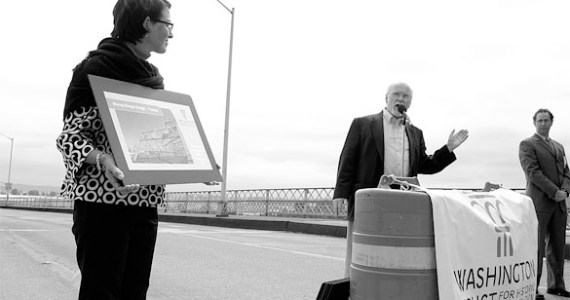 In 2008, Jennifer Meisner and Chris Moore of the Washington Trust for Historic Preservation chose Tacoma to hold its press conference to announce its annual list of Washington State's most endangered historic properties. The pair, along with State Rep. Dennis Flannigan (D-Tacoma), made the announcement on the Murray Morgan Bridge deck. (FILE PHOTO BY TODD MATTHEWS)