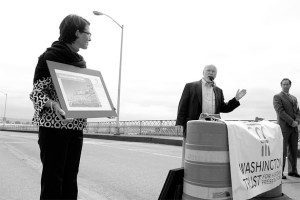In 2008, Jennifer Meisner and Chris Moore of the Washington Trust for Historic Preservation chose Tacoma to hold its press conference to announce its annual list of Washington State's most endangered historic properties. The pair, along with State Rep. Dennis Flannigan (D-Tacoma), made the announcement on the Murray Morgan Bridge deck. (FILE PHOTO BY TODD MATTHEWS)