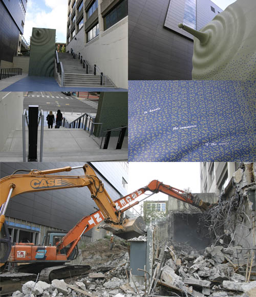"Projecting Drop" consists of a 25-foot-tall vertical wall covered in green and blue tiles. Near the top of the wall, a drop projects outward, as though frozen in time, creating ripples of green and blue tiles down the wall. Directly beneath the art installation is a former Turkish bath that dates back to the late-1800s. The hill climb was razed in August 2009 to make way for the new stairs and art installation. (PHOTOS BY TODD MATTHEWS)
