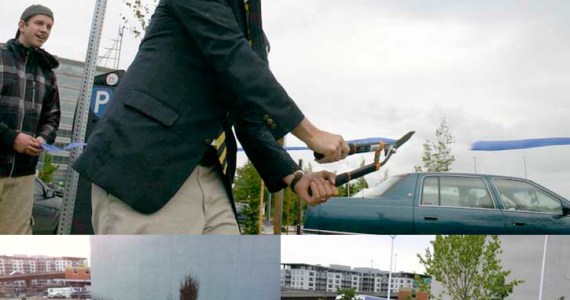 TOP: Tacoma political cartoonist R. R. Anderson marked the completion of the Sauro's parking lot downtown on Wednesday by holding a tongue-in-cheek ribbon-cutting ceremony. ABOVE LEFT/RIGHT: Parking lot site before and after. (PHOTOS BY TODD MATTHEWS)