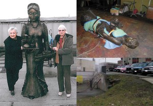 CLOCKWISE FROM TOP LEFT: Griselda 'Babe' Lehrer (left) and artist Marilyn Mahoney (right) stand next to the Goddess of Commerce statue; The statue is currently in storage in a building along Opera Alley; supporters say it will be publicly unveiled on Weds., Aug. 31 at 4 p.m. at a permanent site near the intersections of South Sixth Avenue, St. Helens Avenue, and South Baker Street, in the so-called Triangle Business District and Theater District. (PHOTOS COURTESY TACOMA THEATER DISTRICT ASSOCIATION)