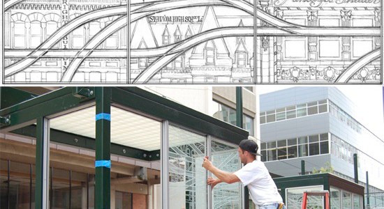 TOP: One of artist Chandler O'Leary's early sketches of the piece. ABOVE: Workers installing etched glass panels designed by O'Leary. (PHOTOS COURTESY CHANDLER O'LEARY)
